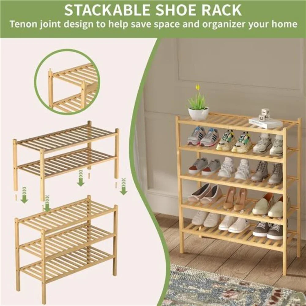 3 Tier Bamboo Shoe Rack for Closet Free Standing Wood Shoe Shelf Storage